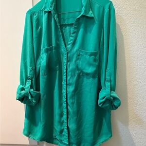 My Michelle Emerald Green Button-Down Blouse with Pockets